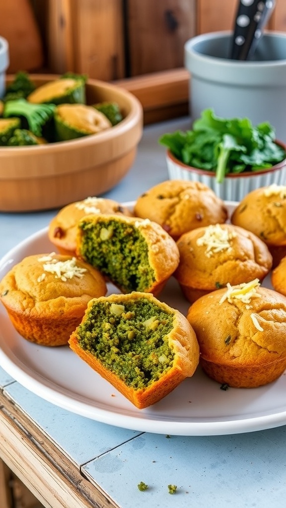 A plate of golden brown kale muffins with cheese, some muffins broken open, on a rustic kitchen table.